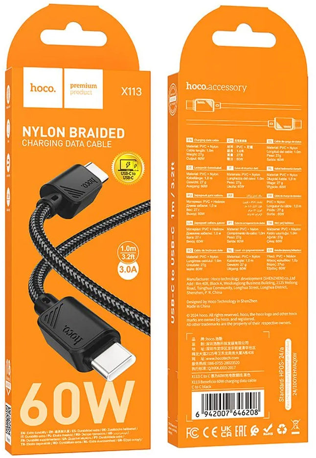 Kabl za Prenos Podataka i Punjenje USB-C - USB-C HOCO X113, 60W, 1m, Crni