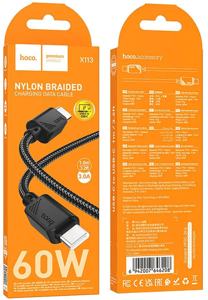 Kabl za Prenos Podataka i Punjenje USB-C - USB-C HOCO X113, 60W, 1m, Crni
