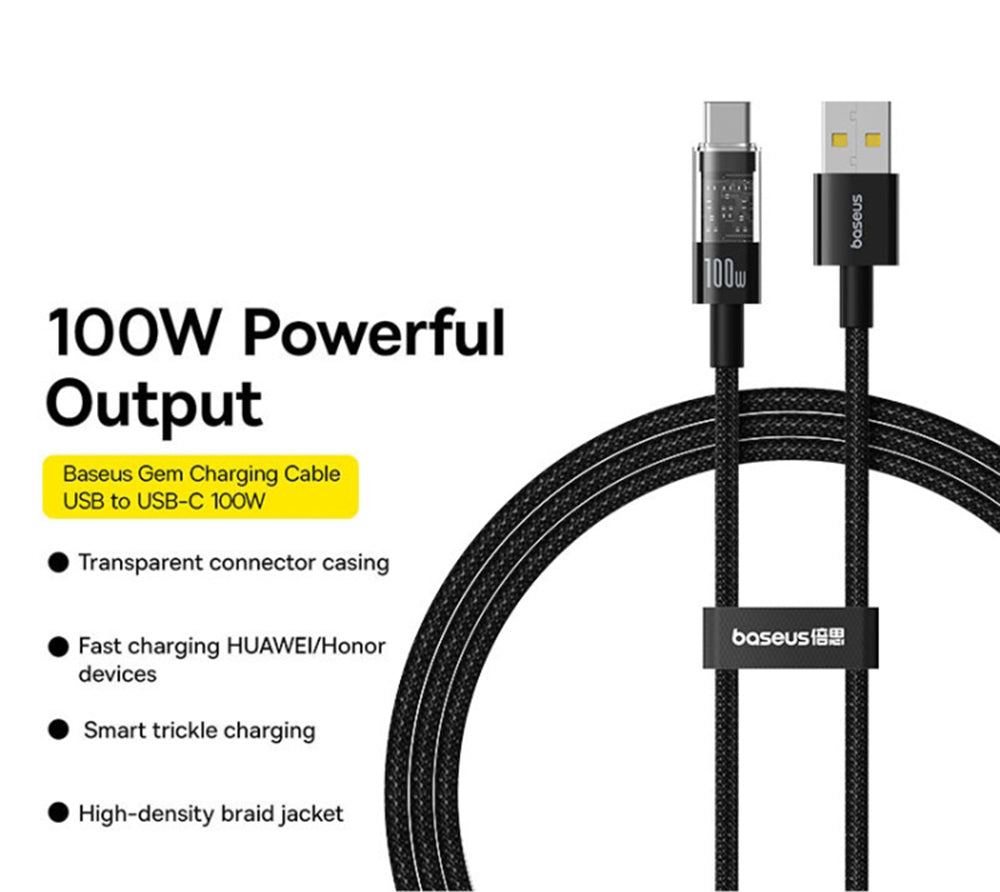 Kabl za prenos podataka i punjenje USB-A - USB-C Baseus Gem, 100W, 1m, Crni P10373002111-00