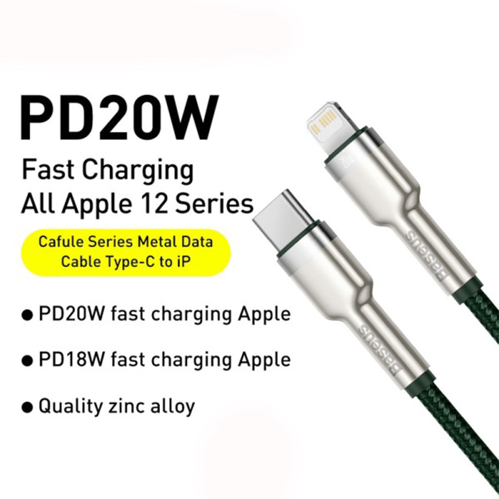 Kabl za prenos podataka i punjenje USB-C - Lightning Baseus Cafule Metal Series, 20W, 2m, Zelen CATLJK-B06