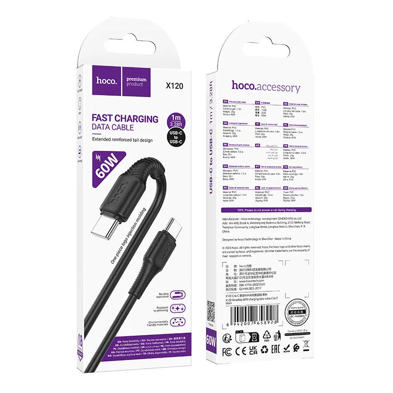 Kabl za prenos podataka i punjenje USB-C - USB-C HOCO X120, 60W, 1m, Crni