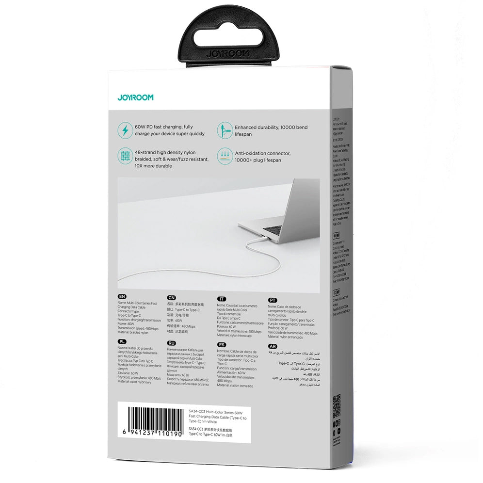 Kabl za podatke i punjenje USB-C - USB-C Joyroom Multi-Color S-A34, 60W, 1m, Bela