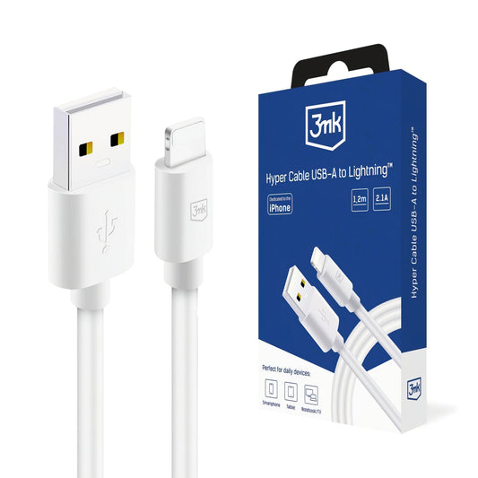 Kabl za podatke i punjenje USB-A - Lightning 3MK Hyper, 12W, 1.2m, Beli