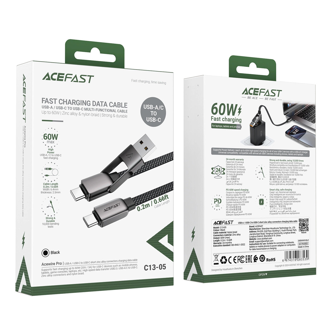 Kabl za prenos podataka i punjenje USB-C - USB-A / USB-C Acefast C13-05, 60W, 0.2m, Crni