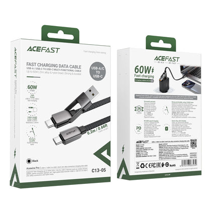 Kabl za prenos podataka i punjenje USB-C - USB-A / USB-C Acefast C13-05, 60W, 0.2m, Crni