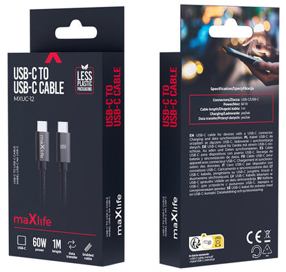 Kabl za podatke i punjenje USB-C - USB-C MaXlife MXUC-12, 60W, 1m, Crni