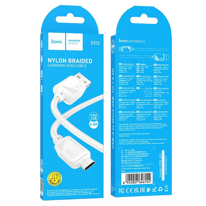 Kabl za prenos podataka i punjenje USB-A - microUSB HOCO X113, 18W, 1m, Bela