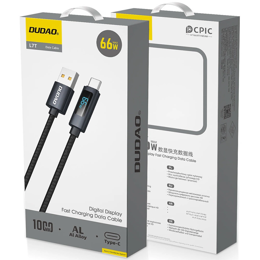 Kabl za prenos podataka i punjenje USB-A - USB-C Dudao L7T Display, 66W, 1m, Crni