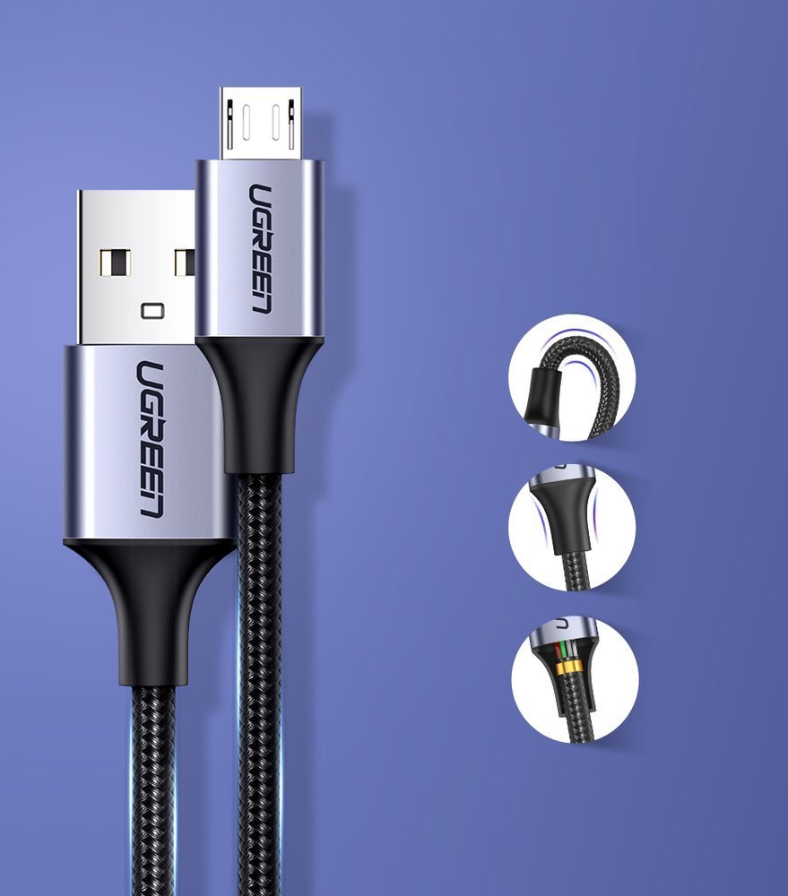 Kabl za Prenos Podataka i Punjenje USB-A - microUSB UGREEN US290, 18W, 1.5m, Crni