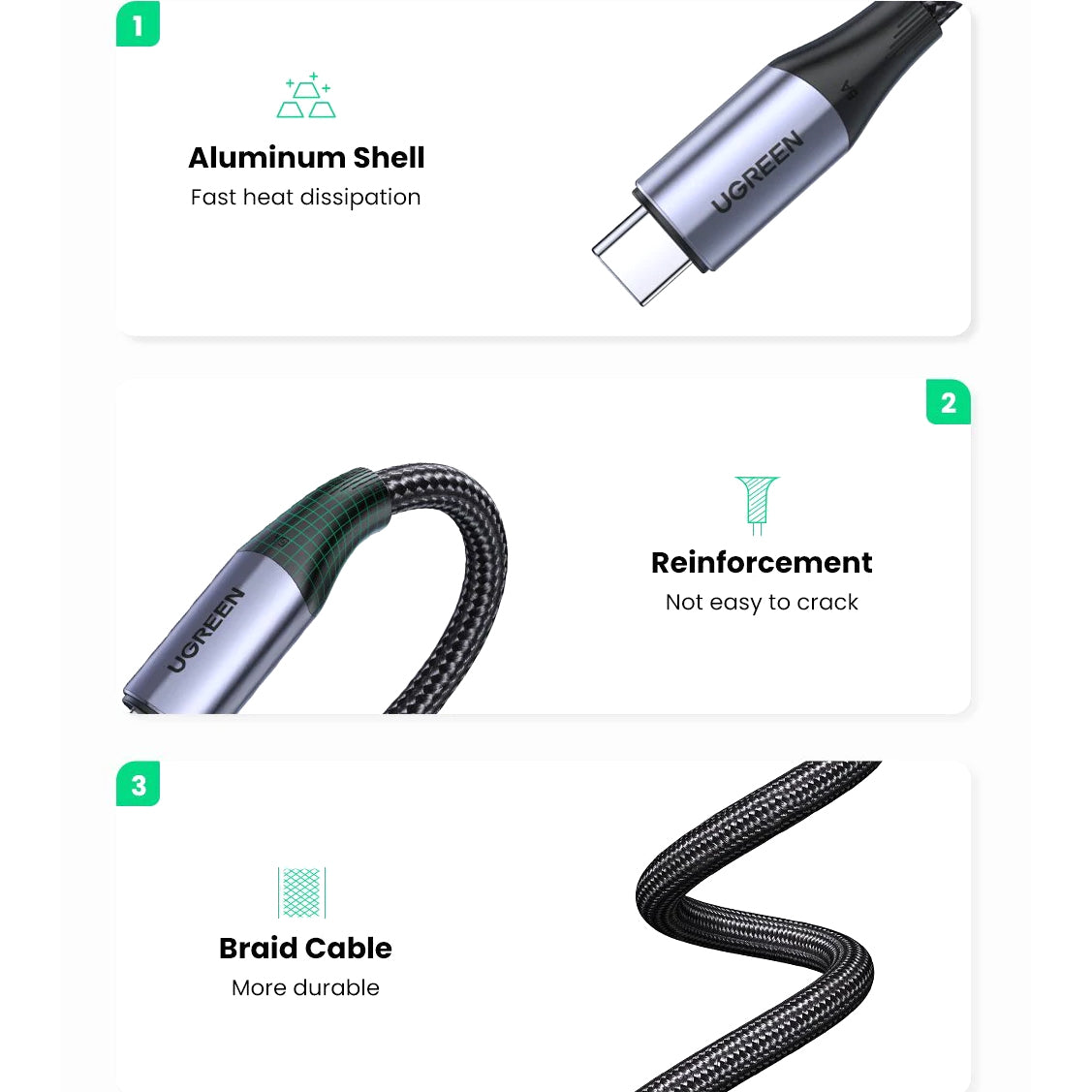 Kabl za Prenos Podataka i Punjenje USB-C - USB-C UGREEN US355, 100W, 1m, Crni