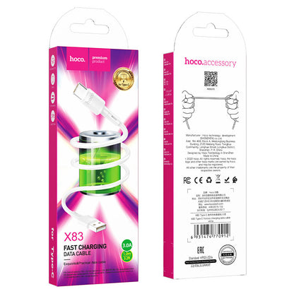 Kabl za prenos podataka i punjenje USB-A - USB-C HOCO X83 Victory, 20W, 1m, Bel