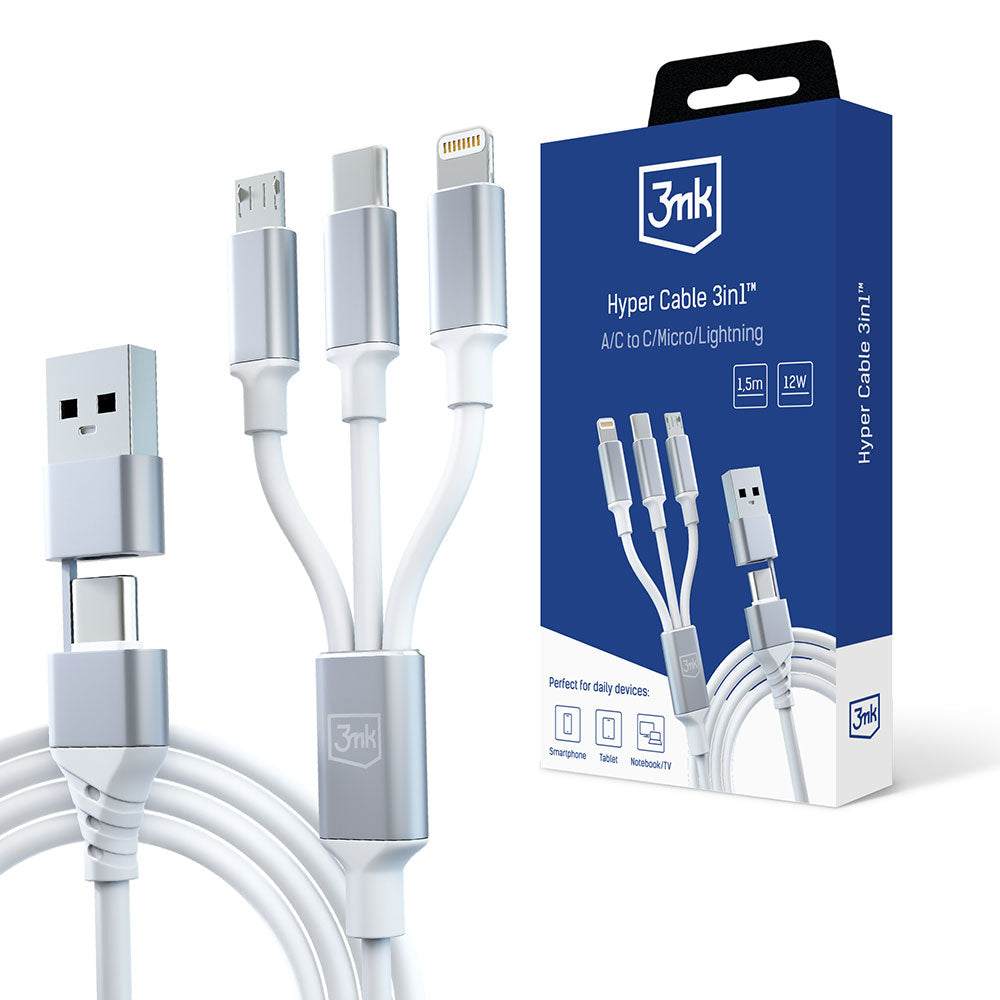 Kabl za punjenje USB-A / USB-C - Lightning / microUSB / USB-C 3MK Hyper 3in1, 12W, 1.5m, Bel