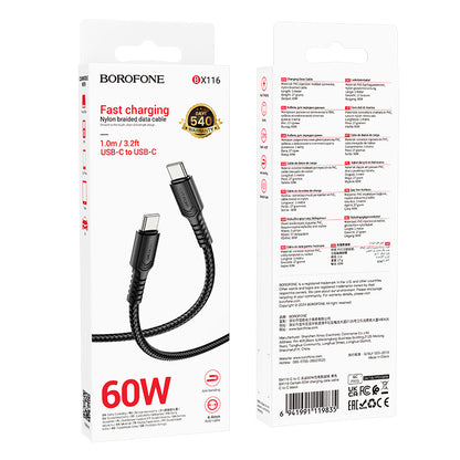 Kabl za prenos podataka i punjenje USB-C - USB-C Borofone BX116 Certain, 60W, 1m, Crni