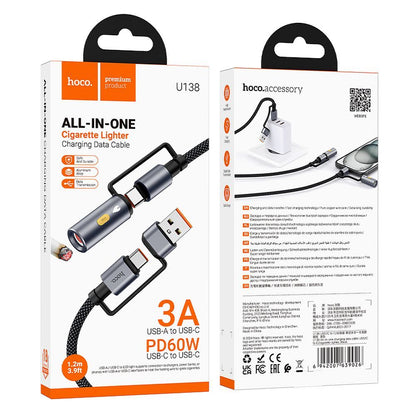 Kabl za prenos podataka i punjenje USB-C / USB-A - USB-C / Električni upaljač HOCO U138, 60W, 1.2m, Crni
