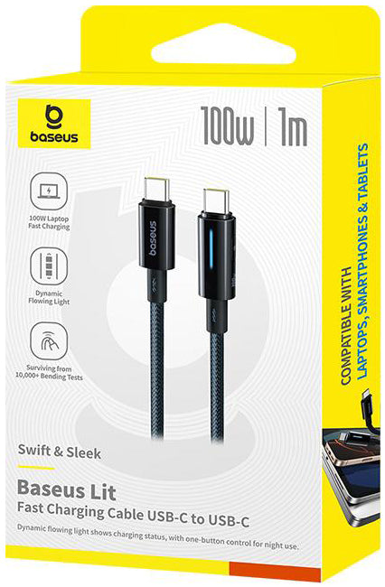 Kabl za podatke i punjenje USB-C - USB-C Baseus Lit Button Control, 100W, 2m, Crni P10379000121-01