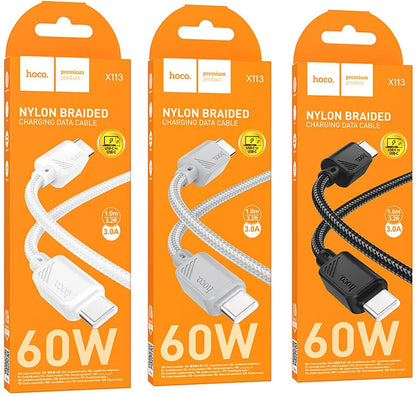 Kabl za Prenos Podataka i Punjenje USB-C - USB-C HOCO X113, 60W, 1m, Crni