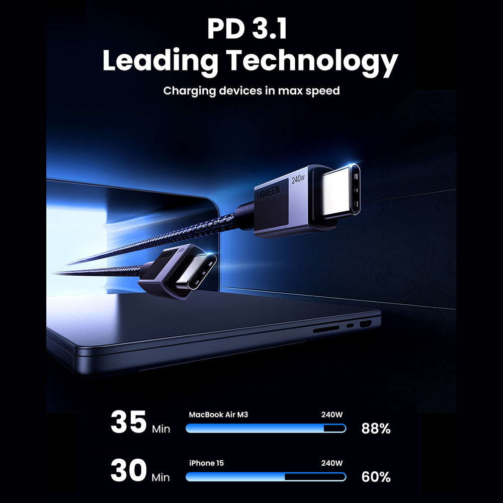 Kabl za prenos podataka i punjenje USB-C - USB-C UGREEN L513, 240W, 1m, Crni