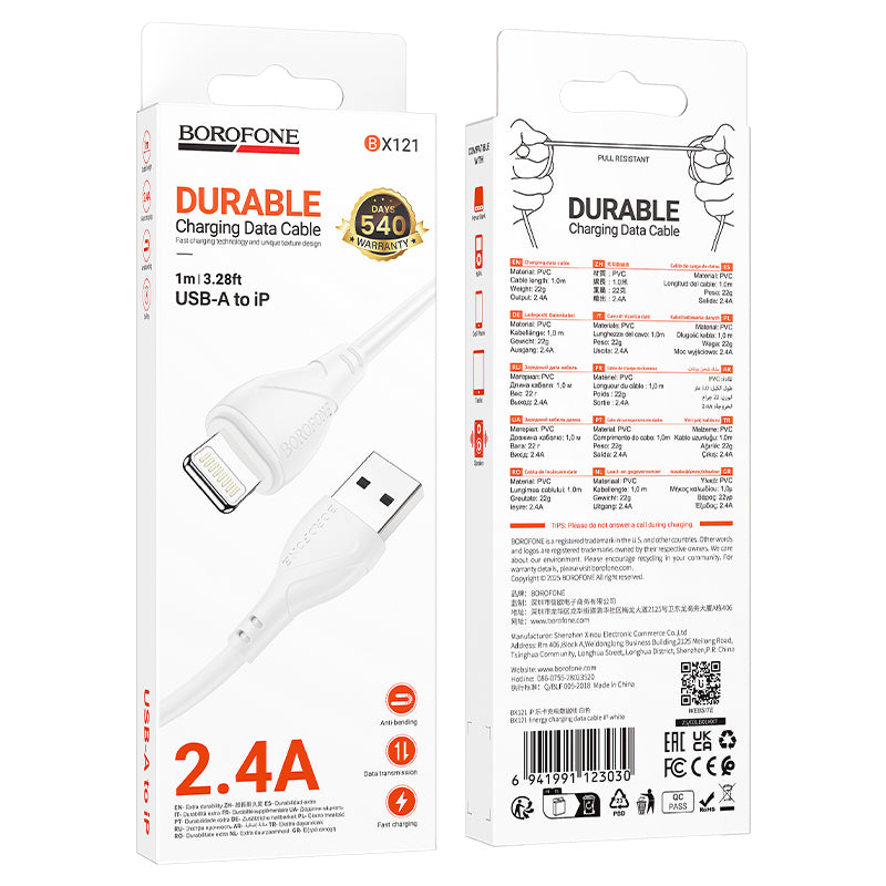 Kabl za podatke i punjenje USB-A - Lightning Borofone BX121 Energy, 18W, 1m, Bel