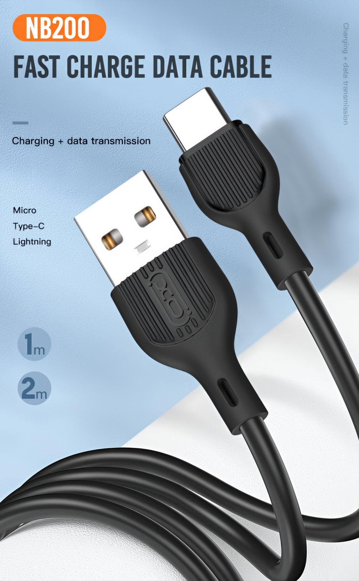 Kabl za podatke i punjenje USB-A - USB-C XO Design NB200, 10W, 1m, Crni