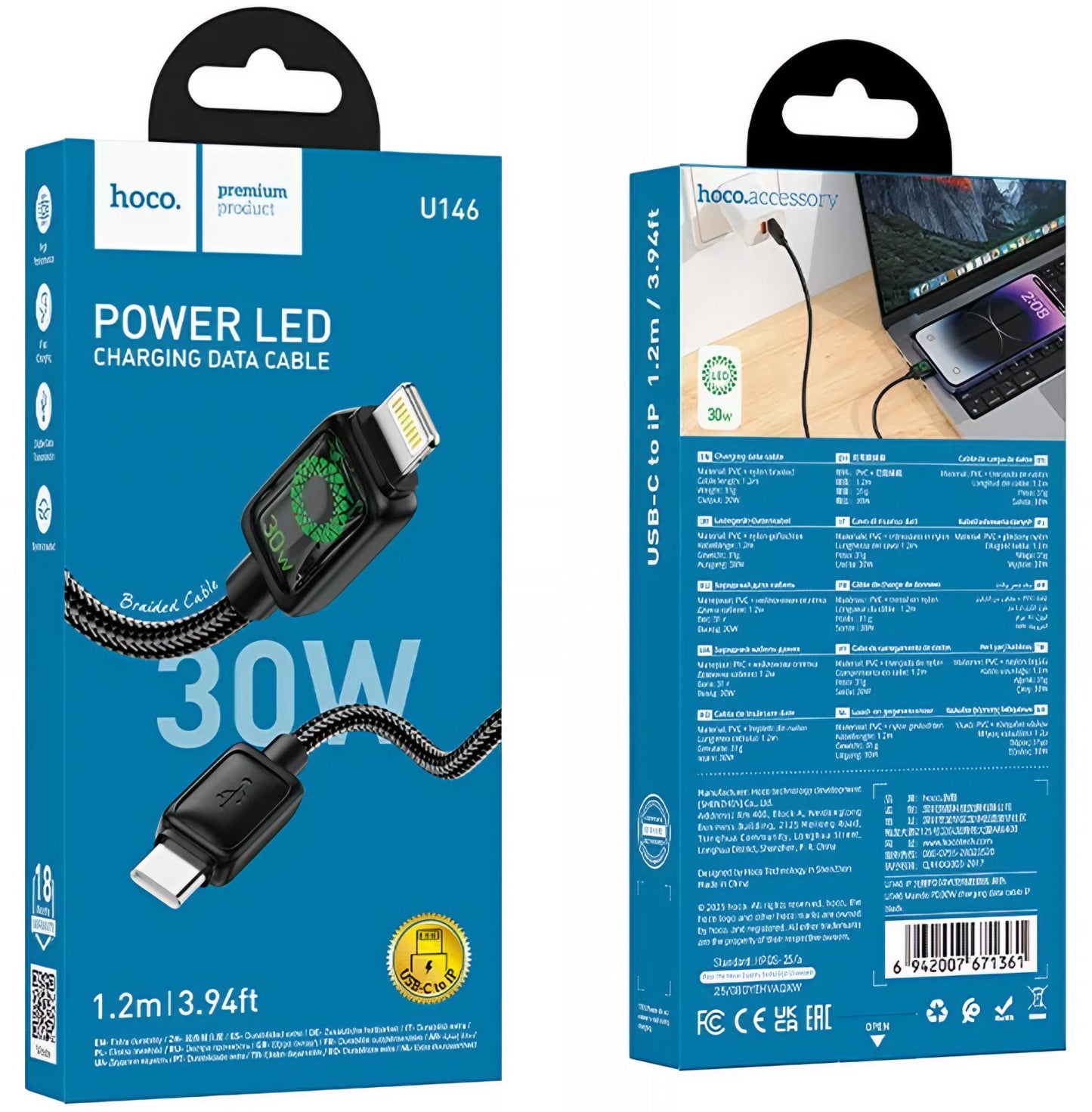 Kabl za podatke i punjenje USB-C - Lightning HOCO U146, 30W, 1.2m, Crni