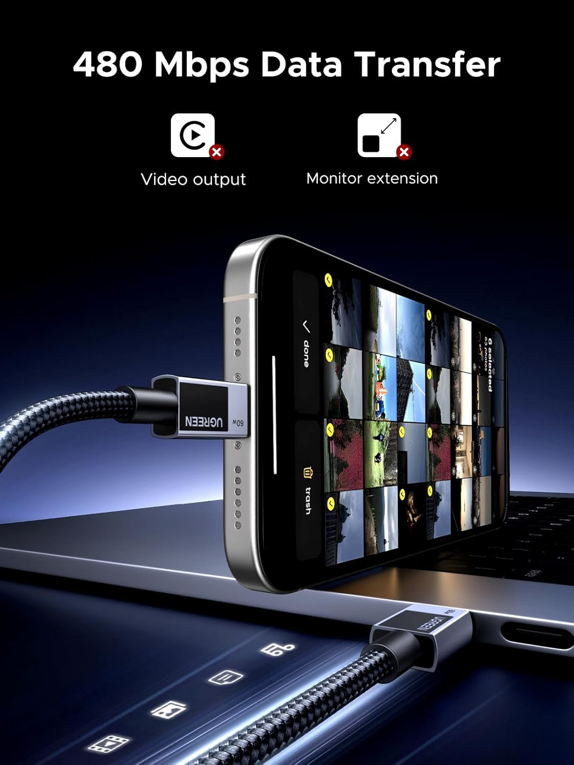 Kabl za podatke i punjenje USB-C - USB-C UGREEN L524, 60W, 2m, Sivi