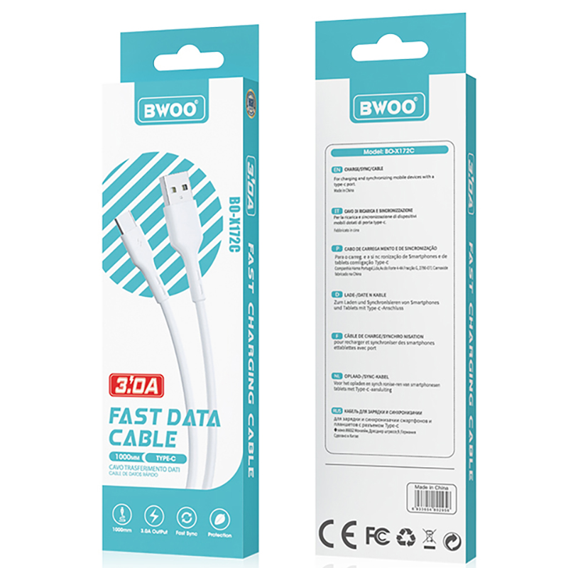 Kabl za podatke i punjenje USB-A - USB-C BWOO X172C, 60W, 1m, Bela