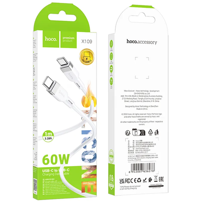 Kabl za podatke i punjenje USB-C - USB-C HOCO X109, 60W, 1m, Beli