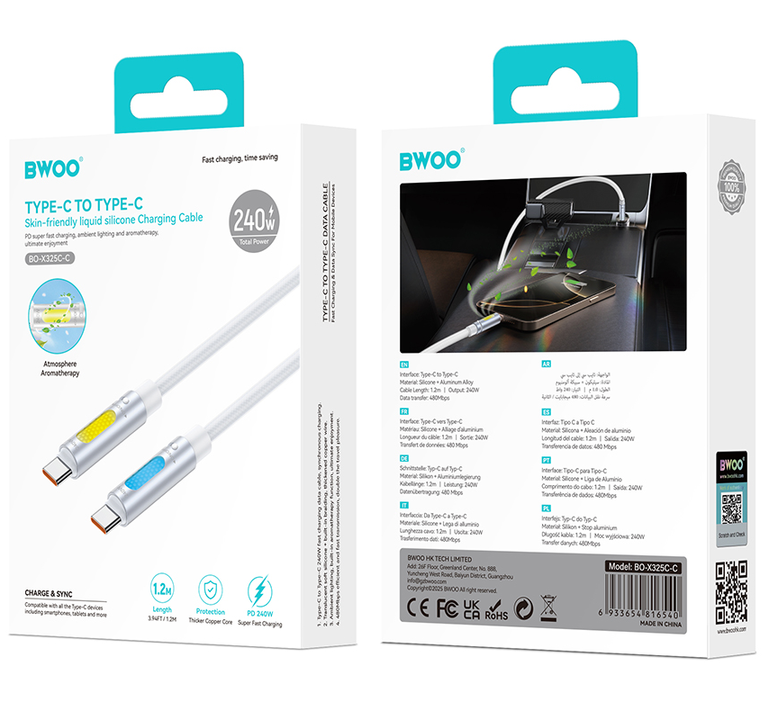 USB-C - USB-C BWOO X325C-C Led kabl za prenos podataka i punjenje, 240W, 1.2m, Bela