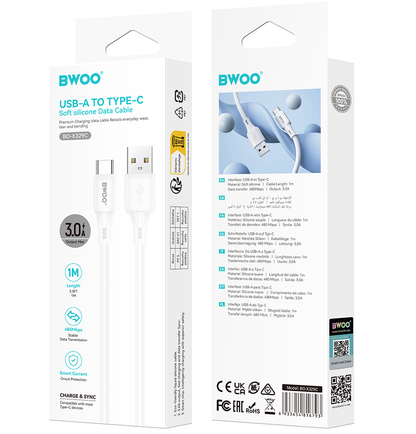 Kabl za prenos podataka i punjenje USB-A - USB-C BWOO X329C, 18W, 1m, Bela