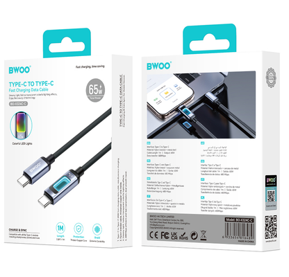 Kabl za prenos podataka i punjenje USB-C - USB-C BWOO X324CC Display, 65W, 1m, Crni