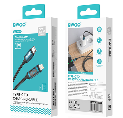 USB-C - Lightning BWOO X305 Display kabl za prenos podataka i punjenje, 27W, 1m, Crni