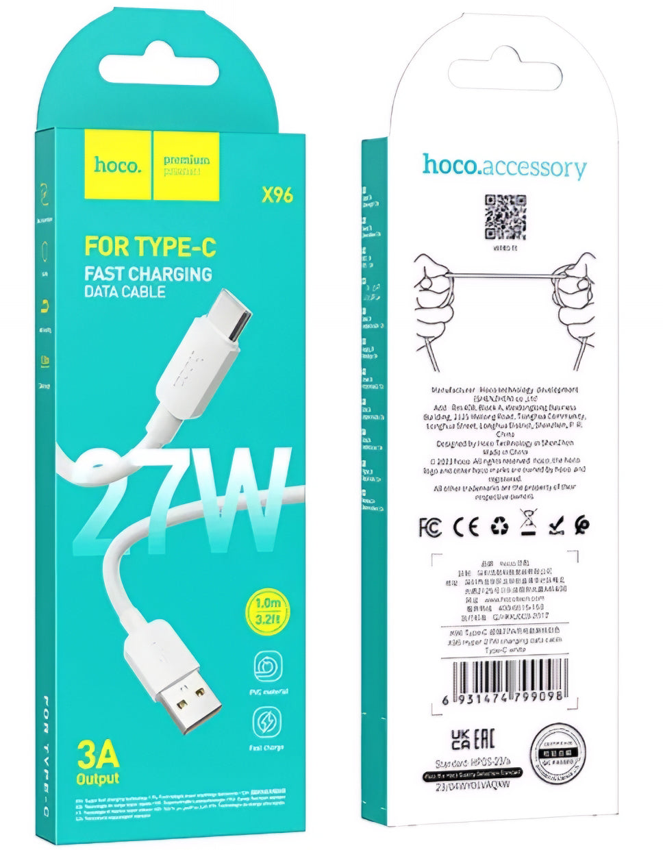 Kabl za prenos podataka i punjenje USB-A - USB-C HOCO X96, 27W, 1m, Bel
