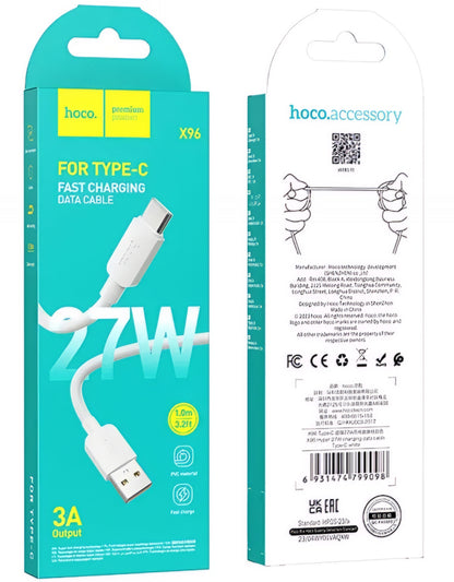 Kabl za prenos podataka i punjenje USB-A - USB-C HOCO X96, 27W, 1m, Bel