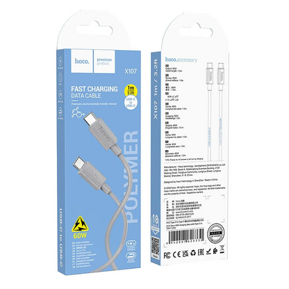 Kabl za prenos podataka i punjenje USB-C - USB-C HOCO X107, 60W, 1m, Sivi