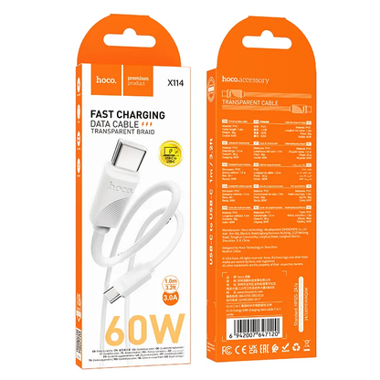 USB-C - USB-C HOCO X114 kabl za prenos podataka i punjenje, 60W, 1m, Bela