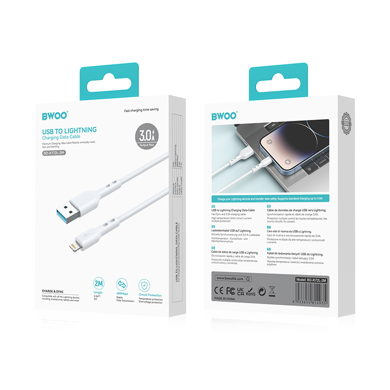 Kabl za prenos podataka i punjenje USB-A - Lightning BWOO BO-X172L-2M, 15W, 2m, Bela