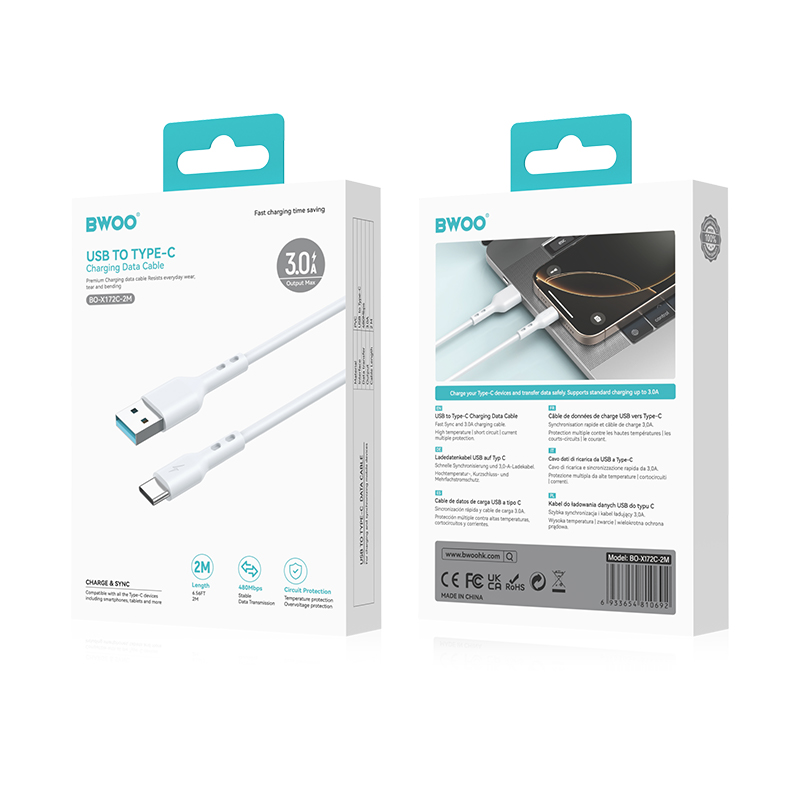 Kabl za prenos podataka i punjenje USB-A - USB-C BWOO BO-X172C-2M, 15W, 2m, Bela
