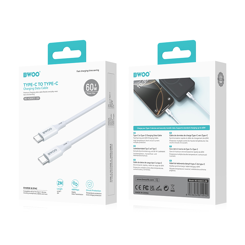USB-C - USB-C kabl za prenos podataka i punjenje BWOO BO-X283CC-2M, 60W, 2m, Bela