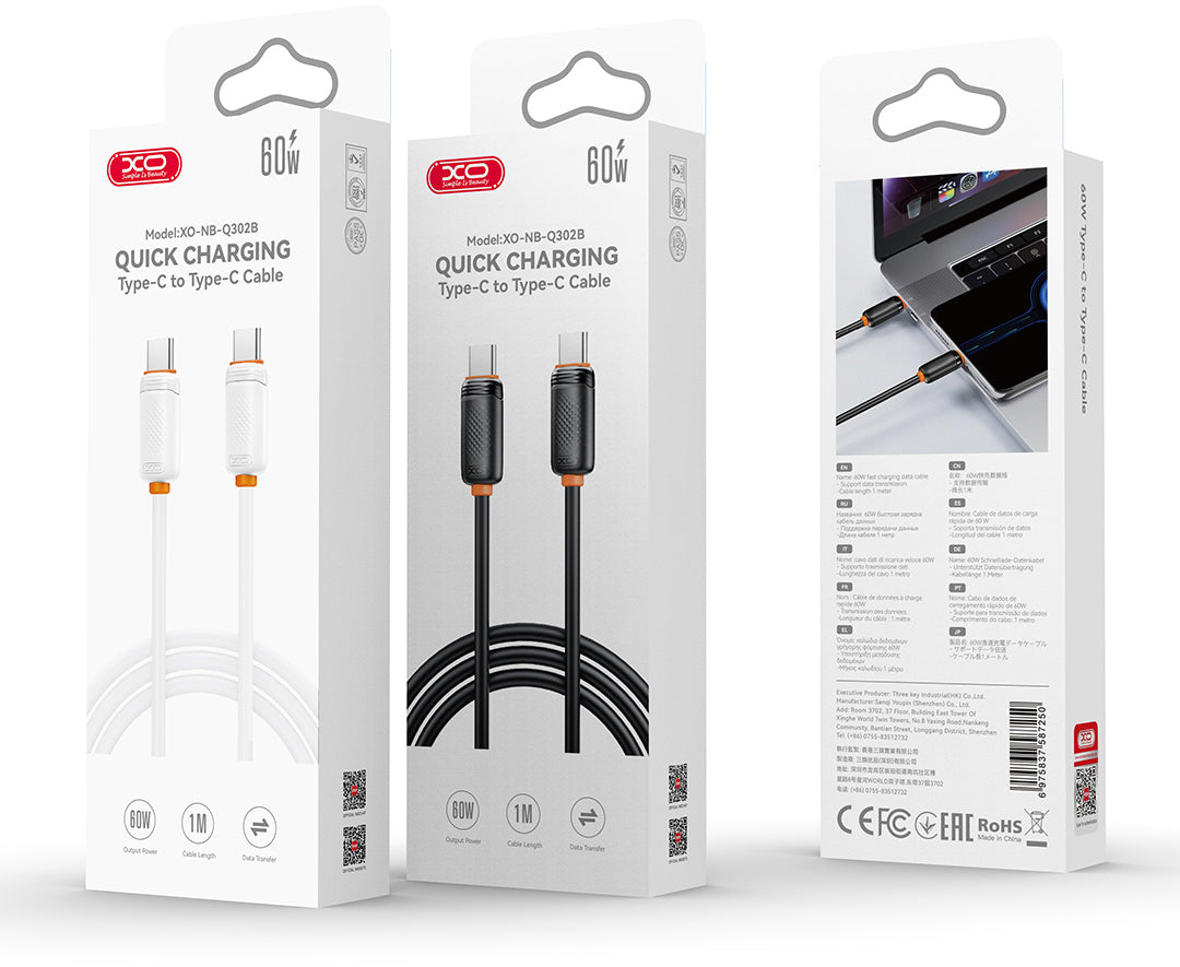 USB-C - USB-C kabl za prenos podataka i punjenje XO Design NB-Q302B, 60W, 1m, Crna