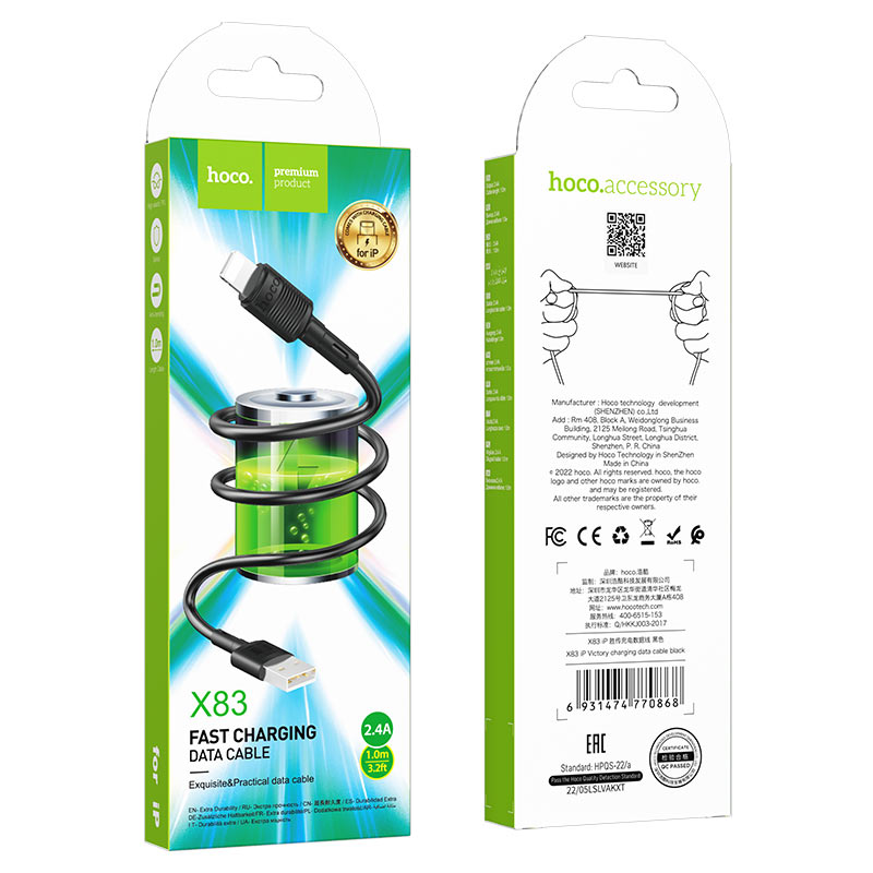 Kabl za prenos podataka i punjenje USB-A - Lightning HOCO X83 Victory, 18W, 1m, Crni