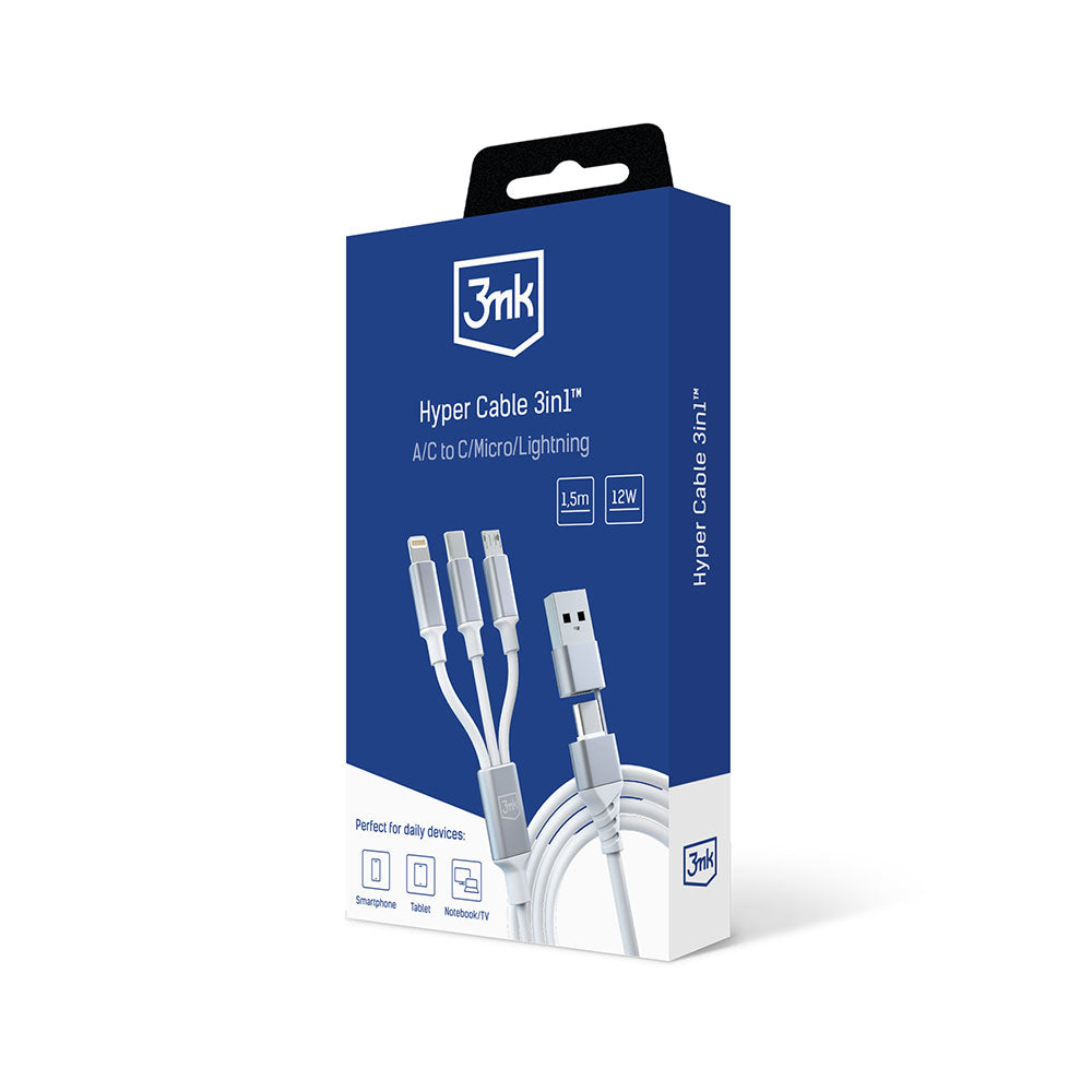 Kabl za punjenje USB-A / USB-C - Lightning / microUSB / USB-C 3MK Hyper 3in1, 12W, 1.5m, Bela
