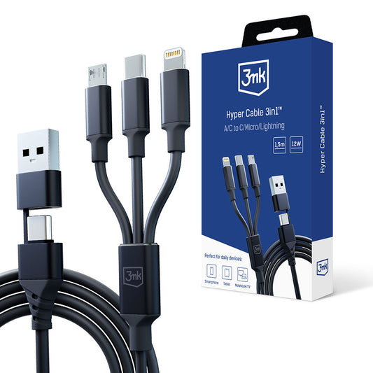 Charging Cable USB-A / USB-C - Lightning / microUSB / USB-C 3MK Hyper 3in1, 12W, 1.5m, Black 