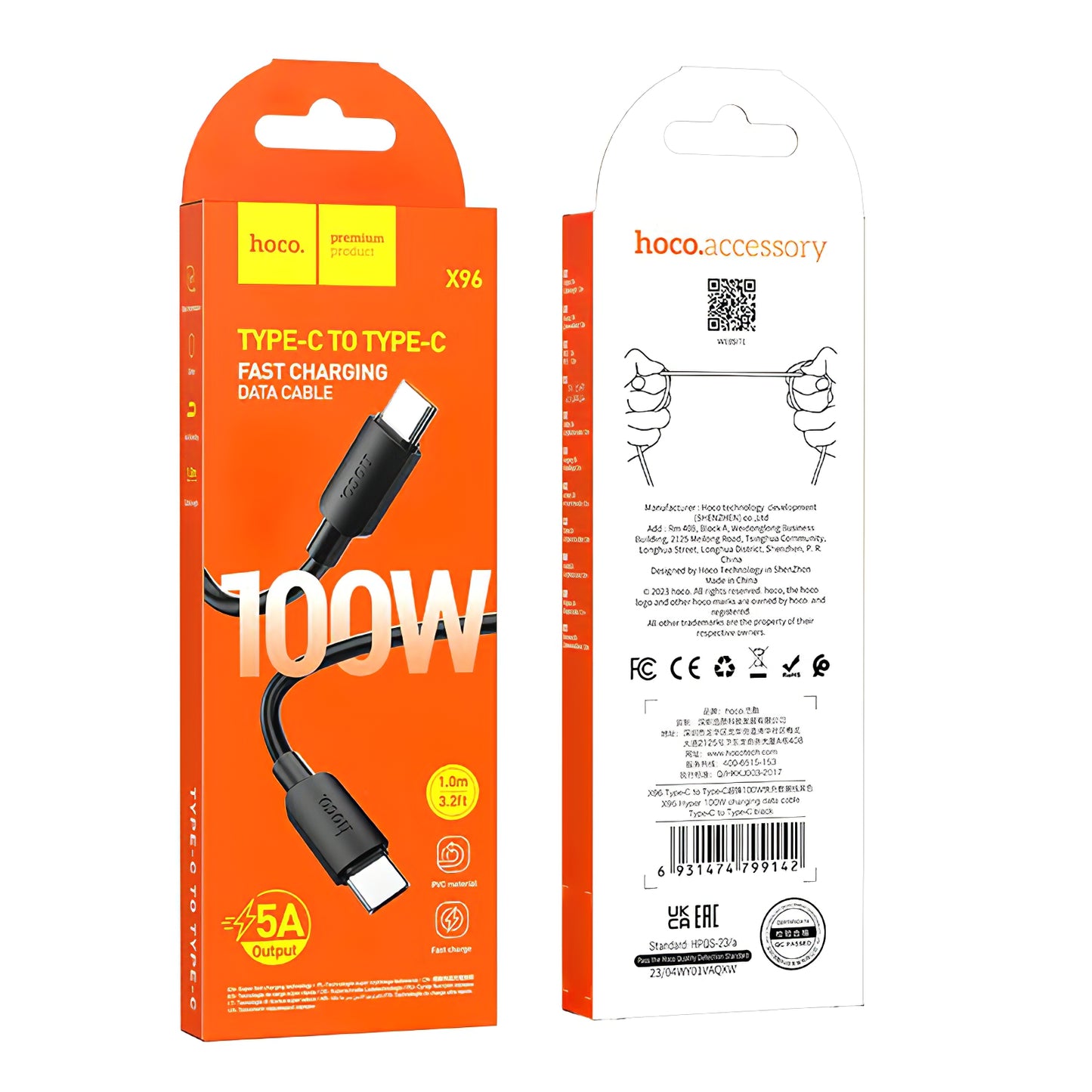 Kabl za Prenos Podataka i Punjenje USB-C - USB-C HOCO X96, 100W, 1m, Crni