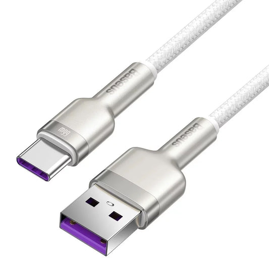 Cablu Date si Incarcare USB-A - USB-C Baseus Cafule Metal Series, 66W, 2m, Alb CAKF000202
