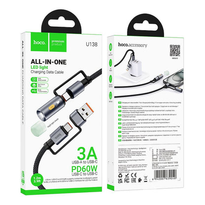 Kabl za prenos podataka i punjenje USB-C / USB-A - USB-C / Led HOCO U138, 60W, 1.2m, Crni