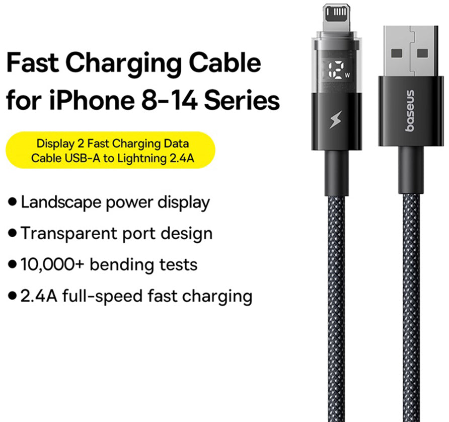 Kabl za prenos podataka i punjenje USB-A - Lightning Baseus Display 2, 18W, 2m, Crni P10382700121-01