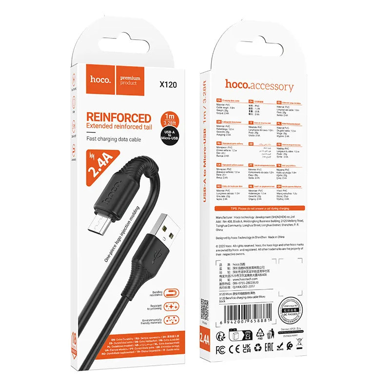 Kabl za podatke i punjenje USB-A - microUSB HOCO X120, 18W, 1m, Crni
