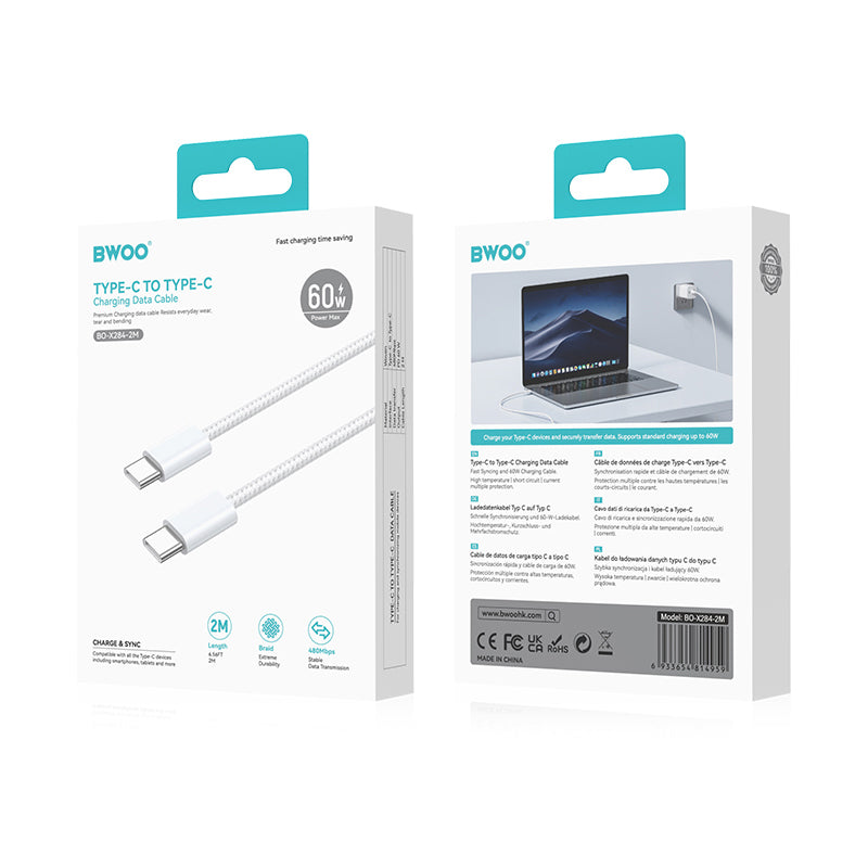Kabl za podatke i punjenje USB-C - USB-C BWOO BO-X284, 60W, 2m, Beli