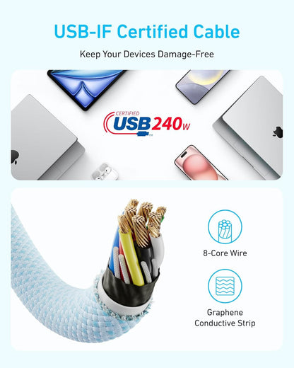 Kabl za prenos podataka i punjenje USB-C - USB-C Anker Zolo, 240W, 1.8m, Crni A8060H12