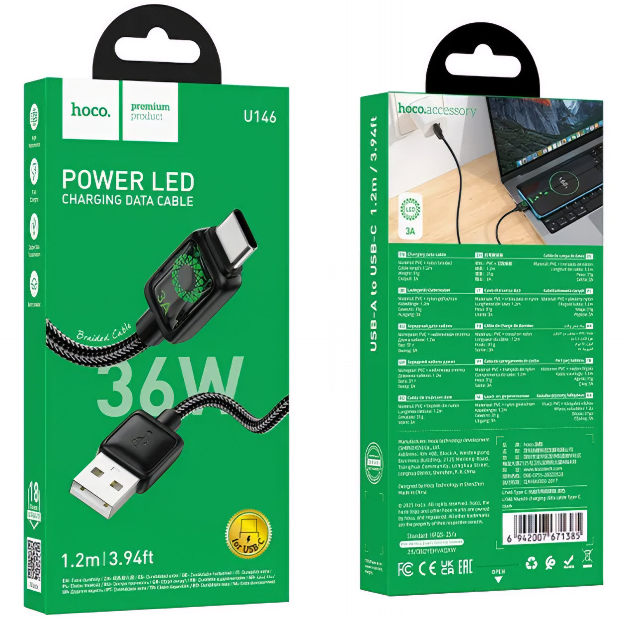 Kabl za podatke i punjenje USB-A - USB-C HOCO U146, 36W, 1.2m, Crni